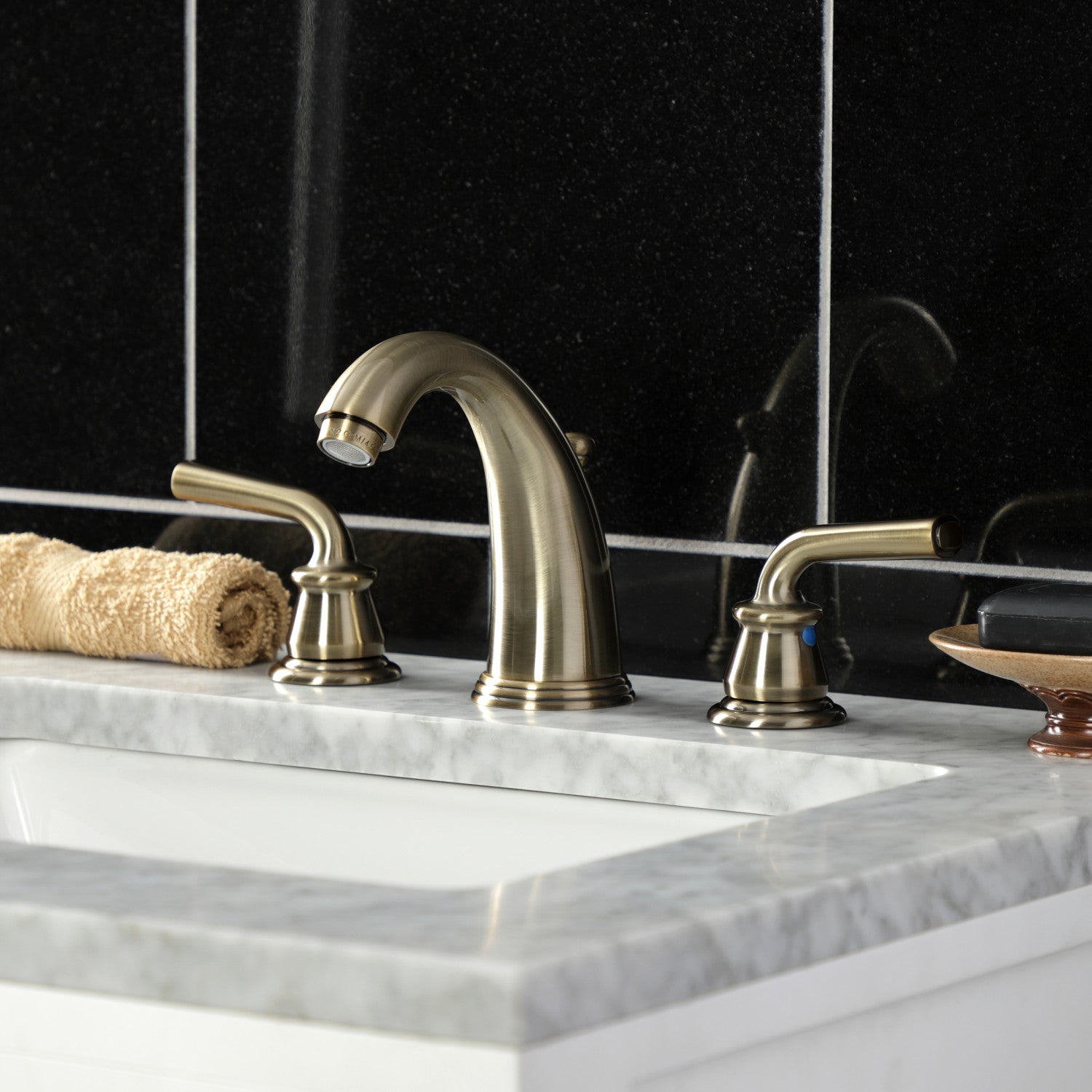 Kingston Tulare KB983RXLAB - Restoration Two-Handle 3-Hole Deck Mount Widespread Bathroom Faucet with Pop-Up Drain, Antique Brass — thumbnail 2